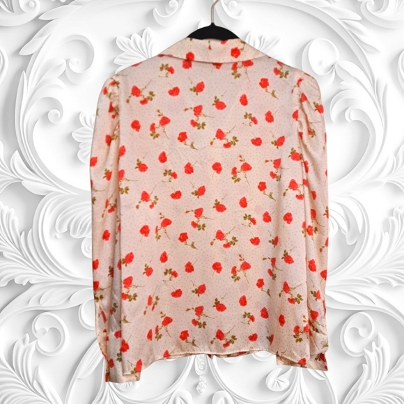 Zara Cream Colored Satin Collared Button Down With Dots And Red Roses Size M - Picture 5 of 5